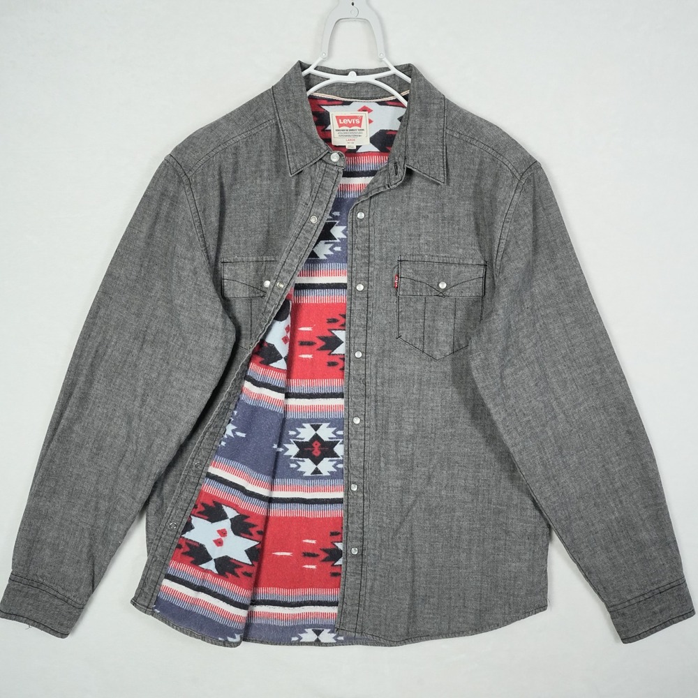 Levis Mens Gray‎ Pearl Snap Western Shirt Southwestern Lined 3LDLW105 Large